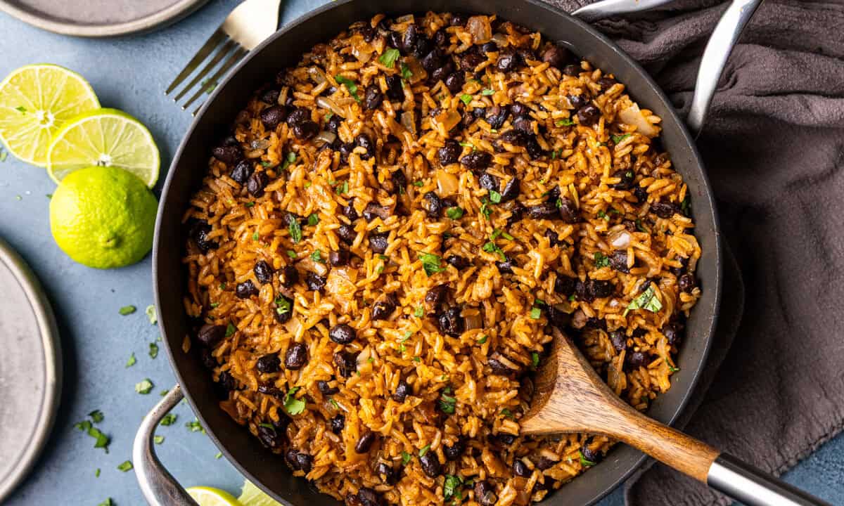 Overhead image of Rice & Beans, Mexican, in a skillet.