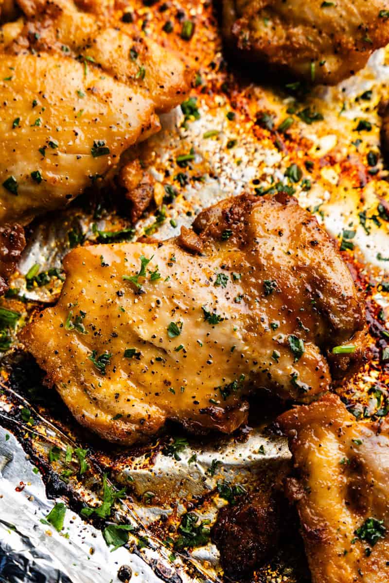 Sheet Pan Boneless Skinless Chicken Thighs on a sheet pan.