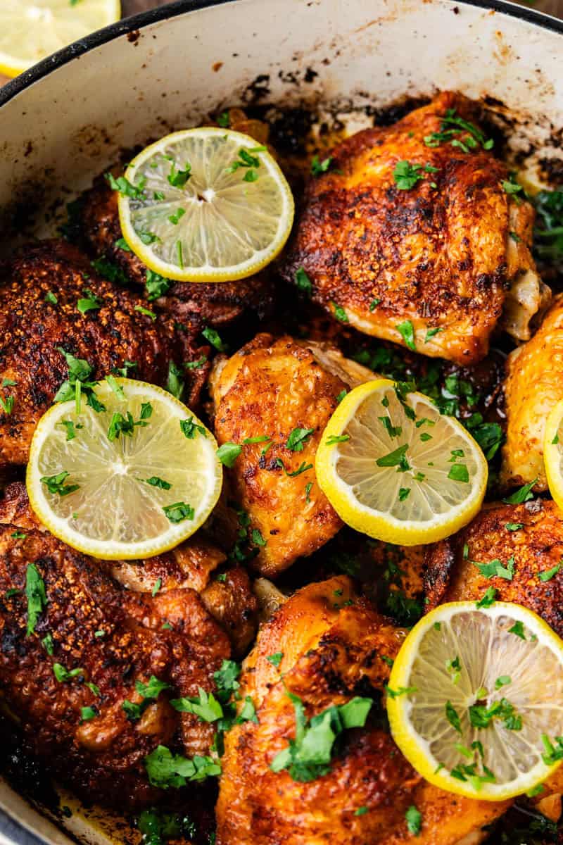 Skillet Chicken Thighs in a skillet.