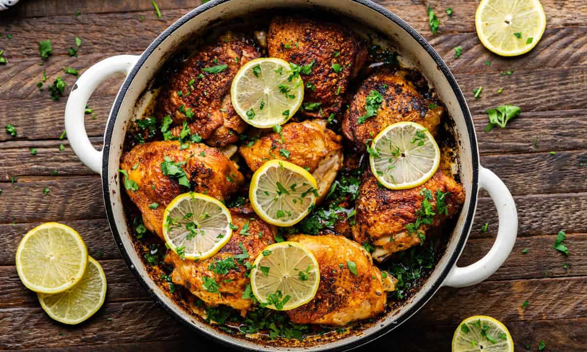 Overhead of Skillet Chicken Thighs.