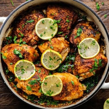 Overhead of Skillet Chicken Thighs.