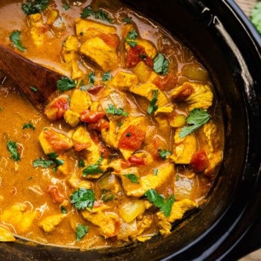 Overhead of Coconut Chicken Curry in slow cooker.