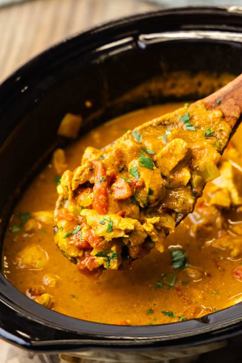 Spoon full of Coconut Chicken Curry over slow cooker.