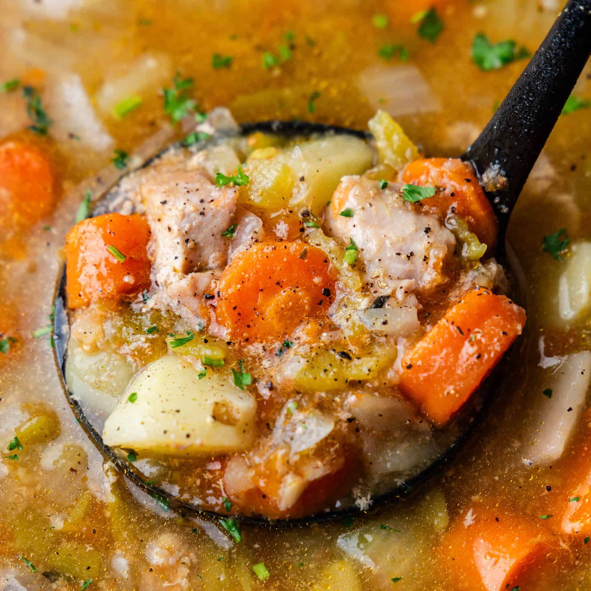 Ladle full of Slow Cooker Green Chile Pork Stew.