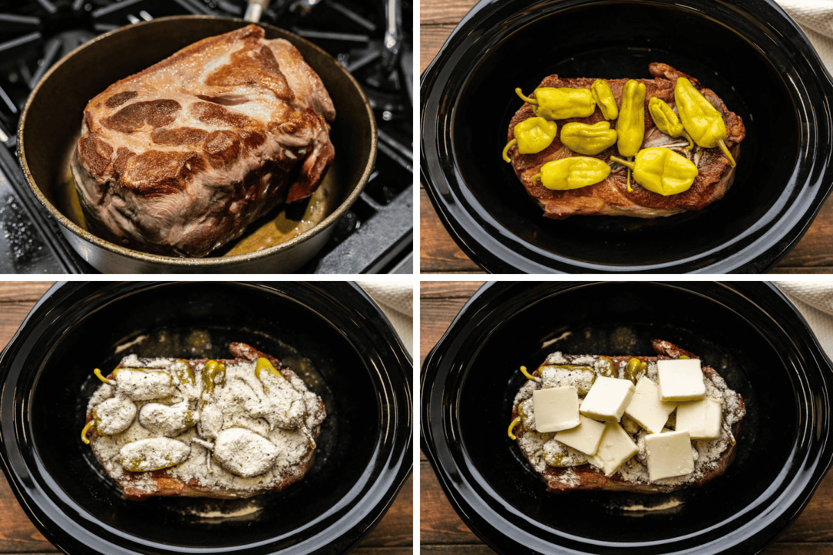 Collage of the process of making Slow Cooker Mississippi Pork Roast.