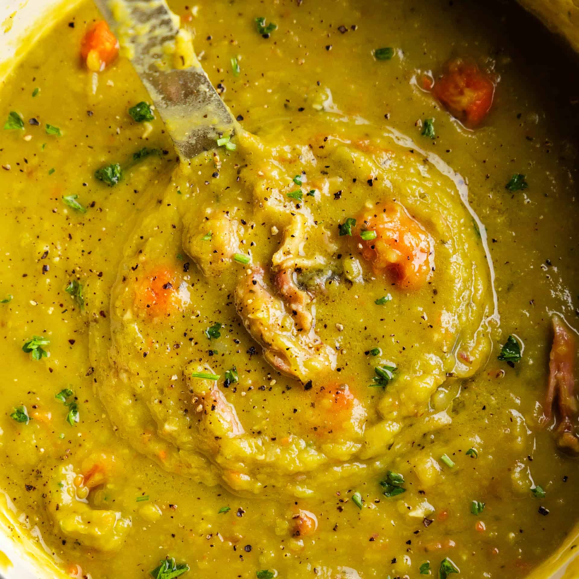 Closeup shot of Split Pea Soup in large pot.