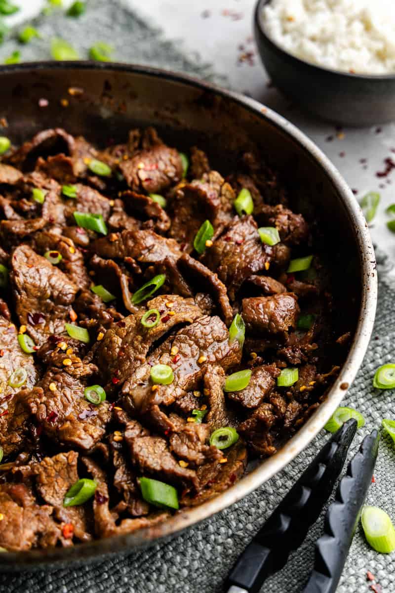 Closeup of 15-Minute Mongolian Beef in skillet.