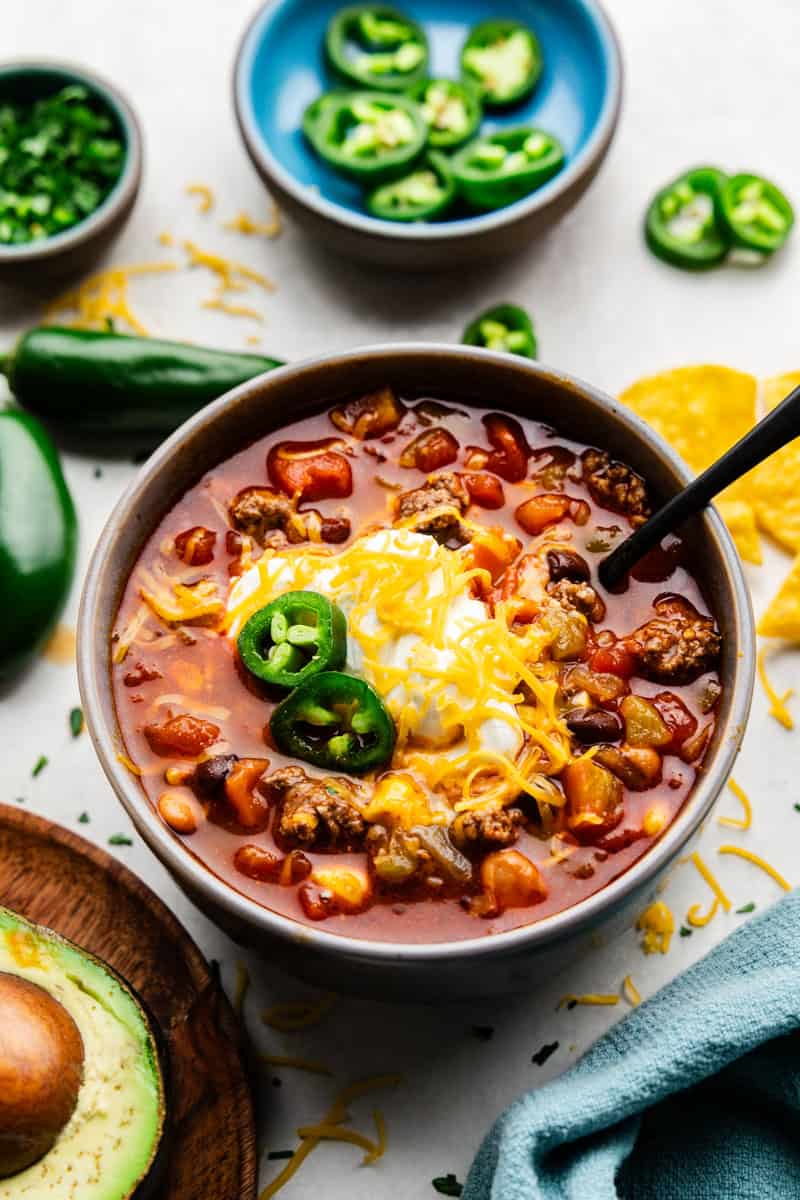 Closeup of a bowl full of 30-Minute Taco Soup.