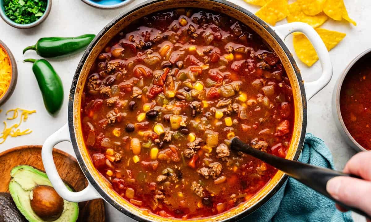 Closeup of a pot full of 30-Minute Taco Soup.
