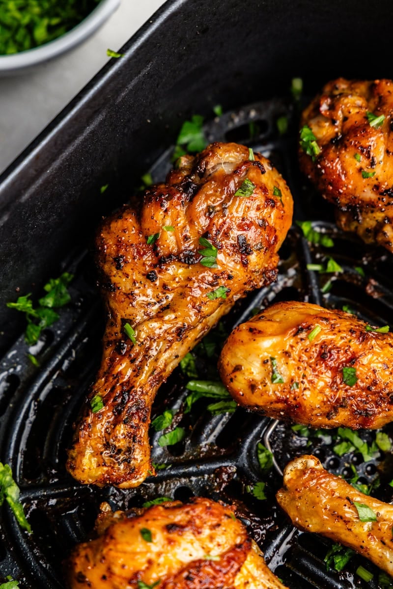 Closeup of Chicken Legs in the Air Fryer.