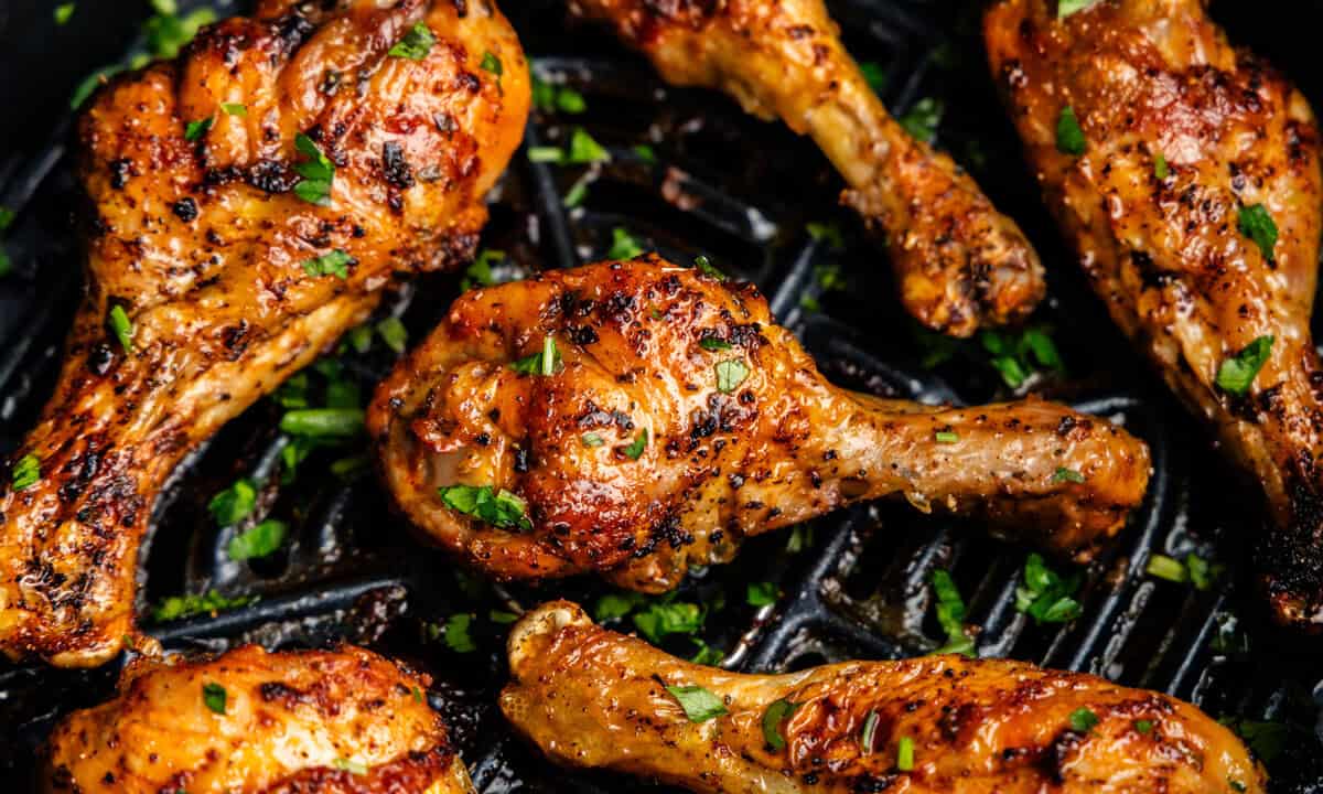 Closeup of Chicken Legs in the Air Fryer.