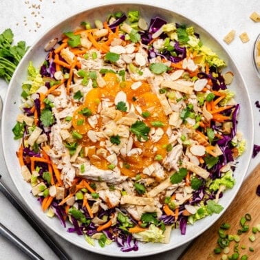 Overhead shot of Chinese Chicken Salad before it's been mixed in a large bowl.