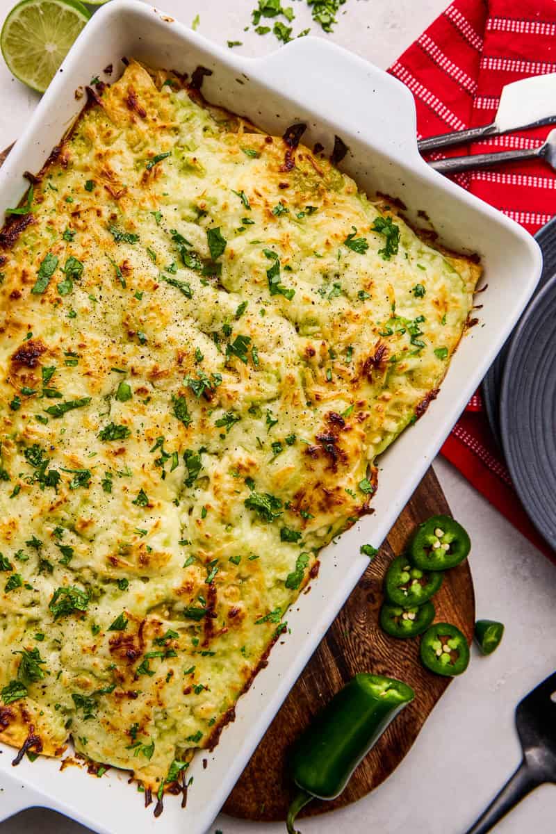 Overhead image of Creamy Chicken Enchilada Casserole.