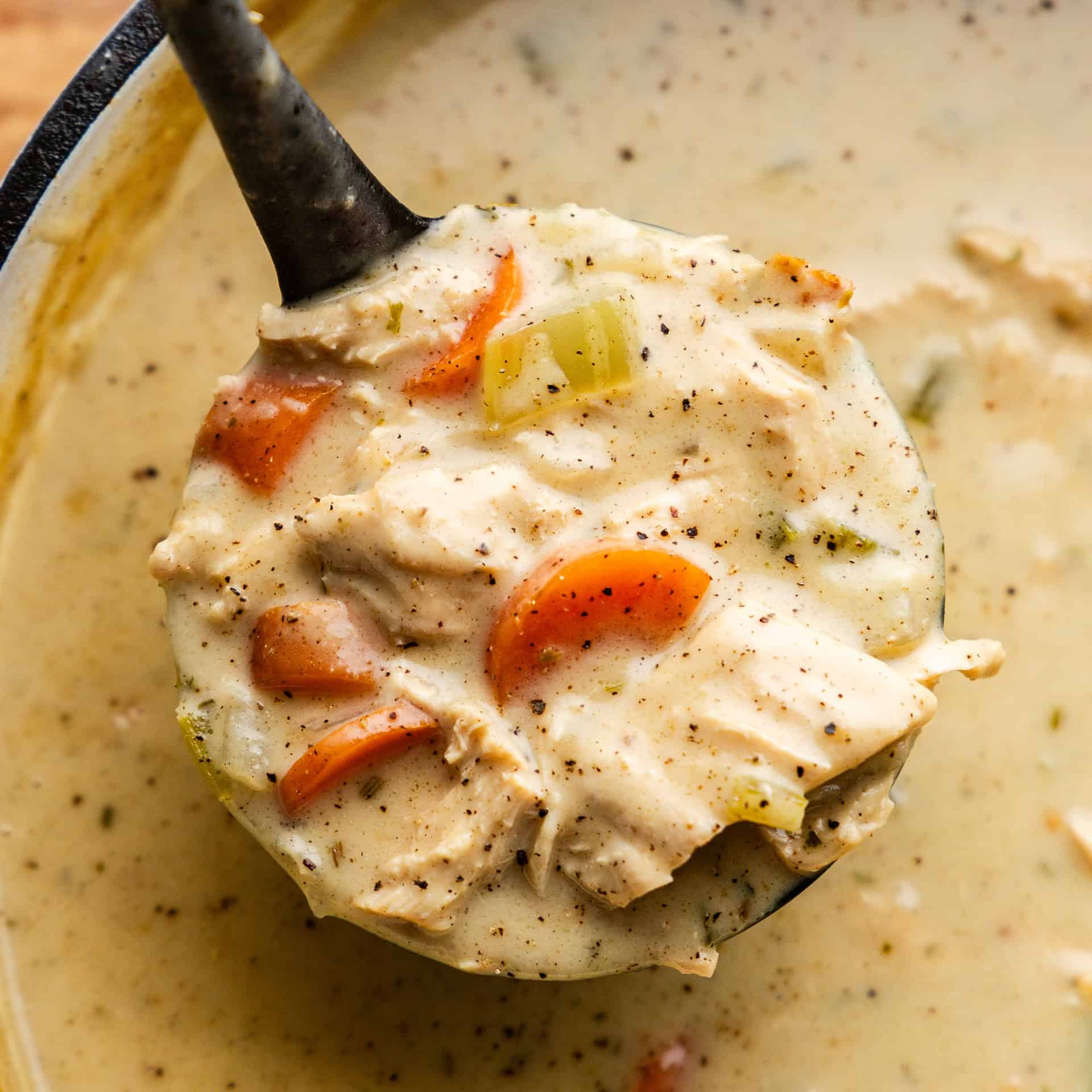 Closeup of a ladleful of creamy chicken soup.