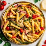 Closeup of Creamy Pasta Primavera on a plate.