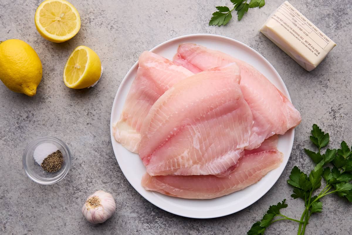 Ingredients for Easy Lemon Garlic Baked Tilapia.
