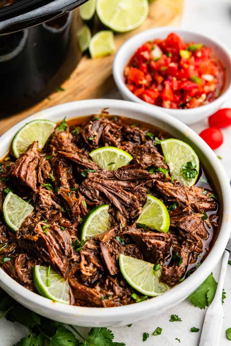 Closeup of Chili-Lime Mexican Shredded Beef in a bowl.