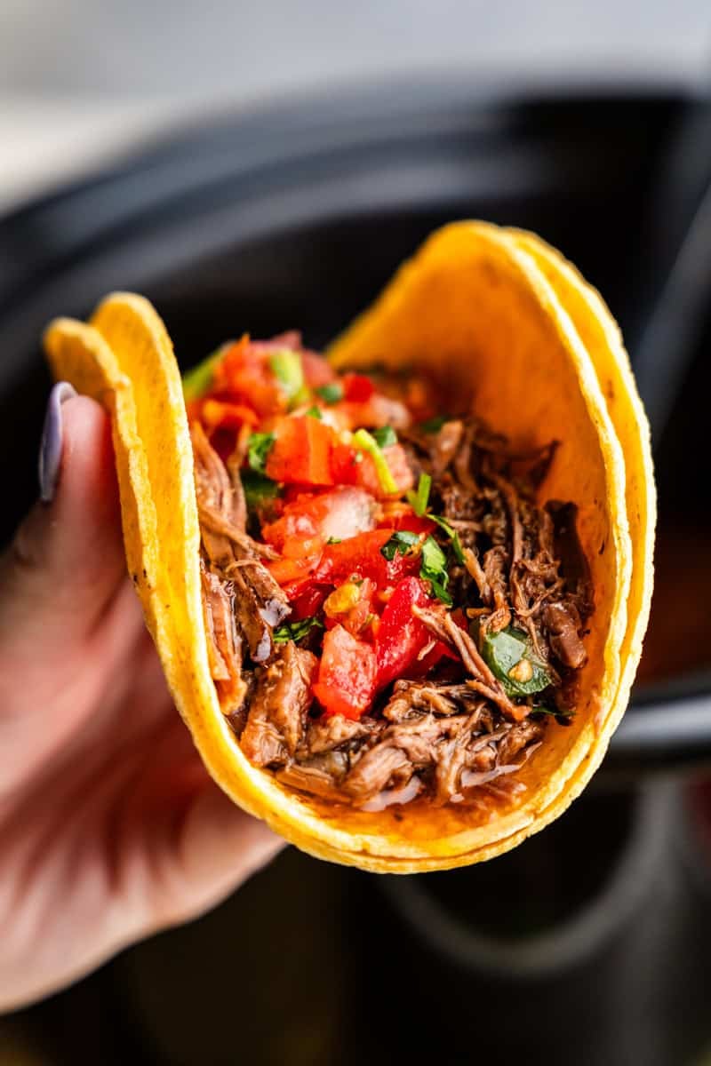 Closeup of a hand holding Chili-Lime Mexican Shredded Beef in a taco.