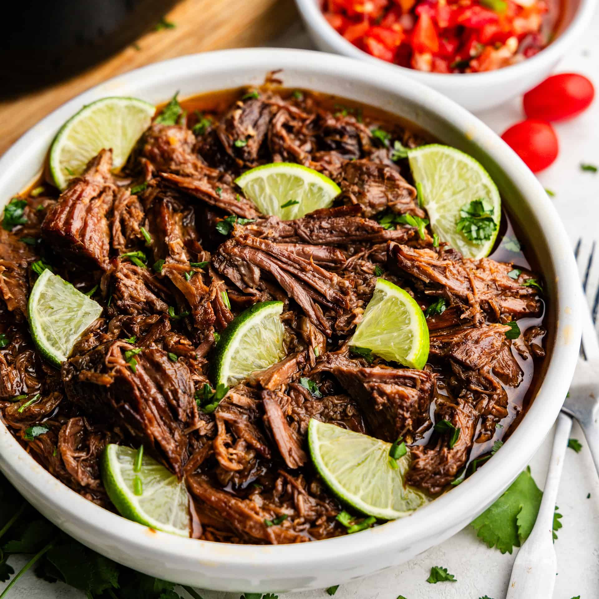 Closeup of Chili-Lime Mexican Shredded Beef in a bowl.