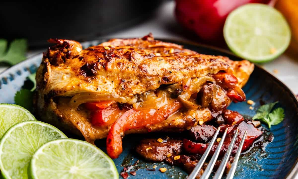 Closeup of Fajita Stuffed Chicken on a plate.