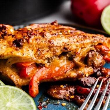 Closeup of Fajita Stuffed Chicken on a plate.