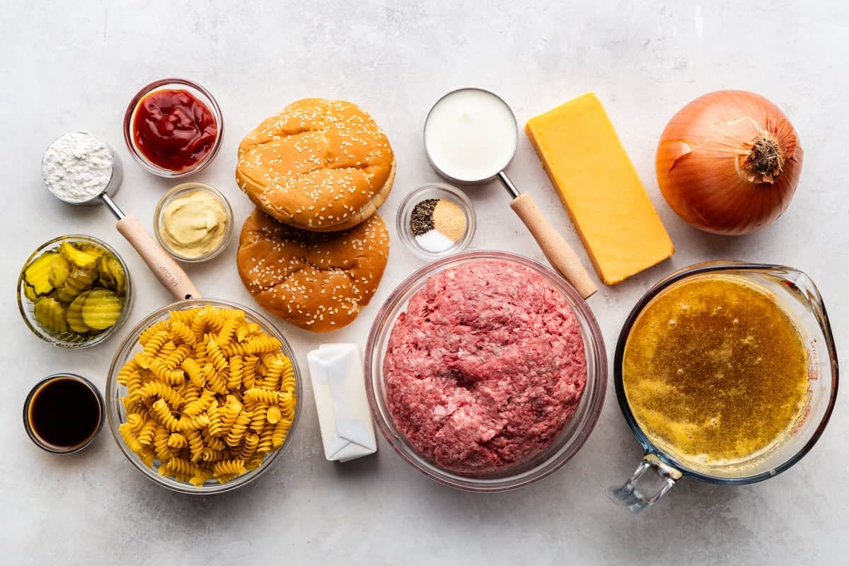 Ingredients used to make cheeseburger casserole.