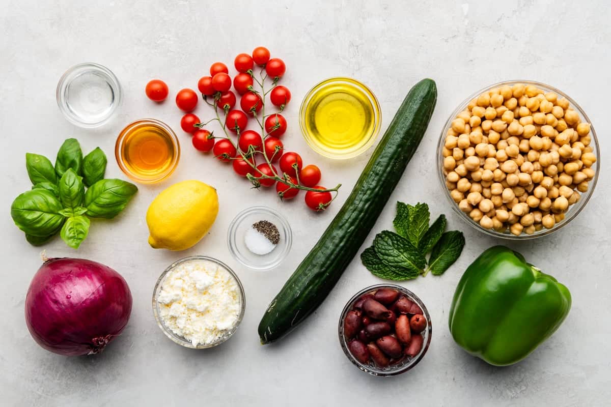 Ingredients used to make Mediterranean Chickpea salad.