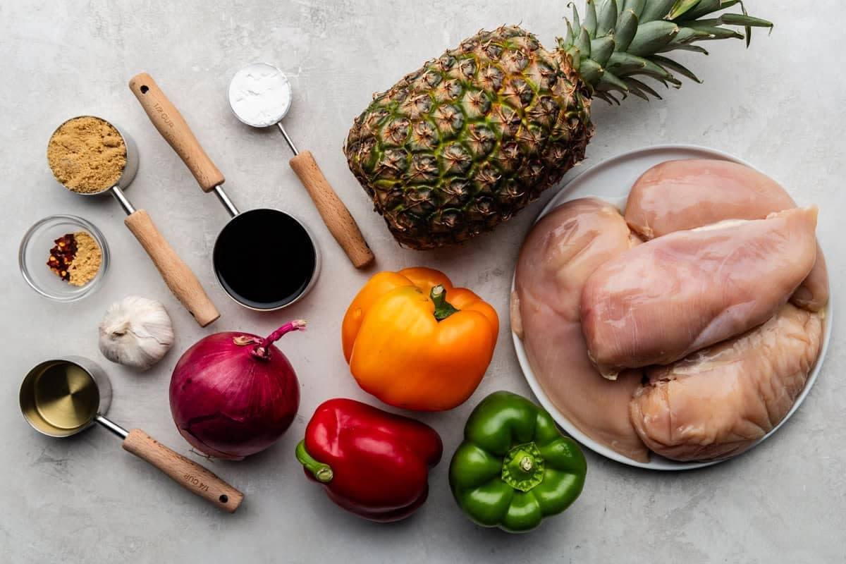 Ingredients used to make Sheet Pan Hawaiian Chicken & Veggies.