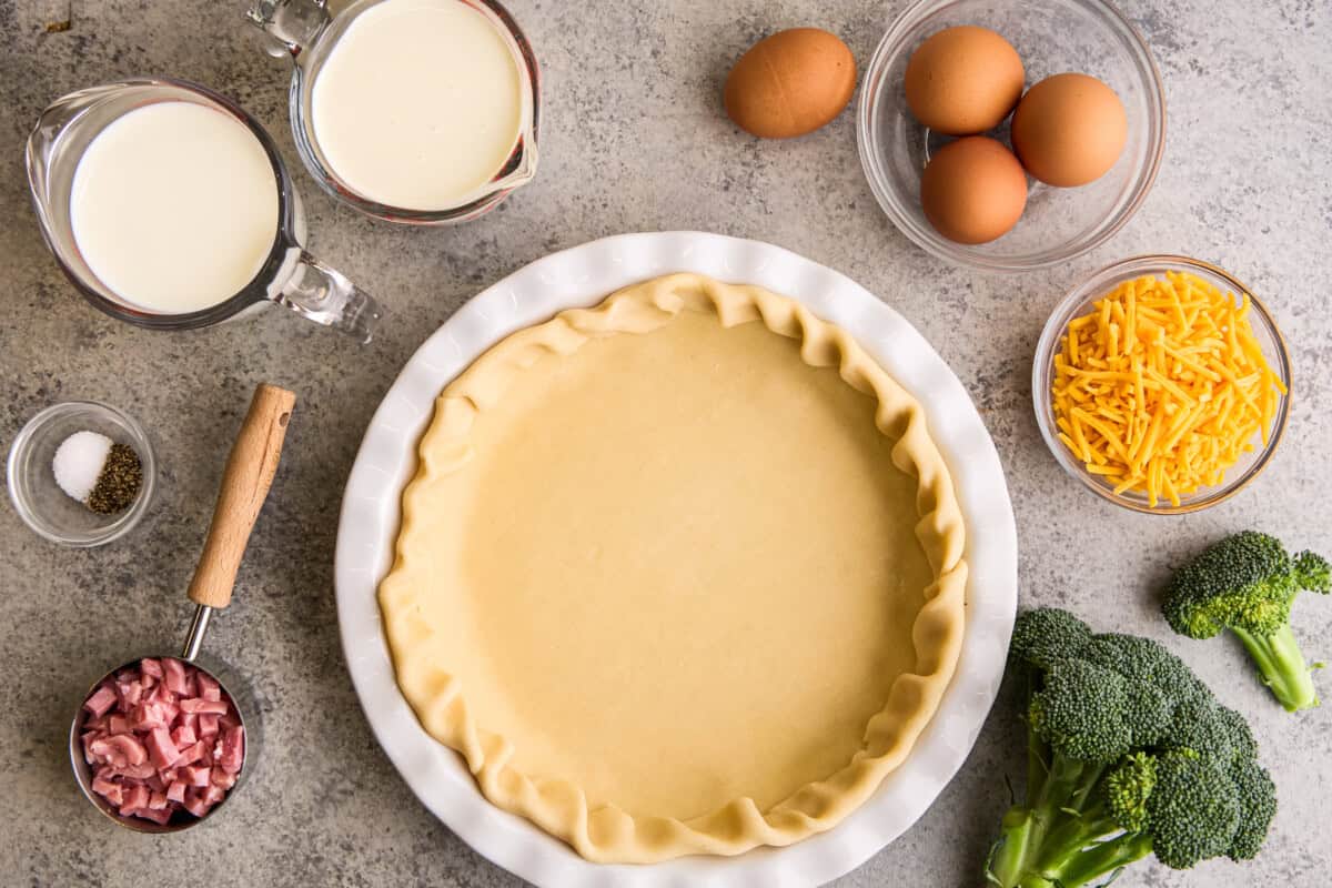 Ingredients for Ham, Broccoli & Cheddar Quiche.