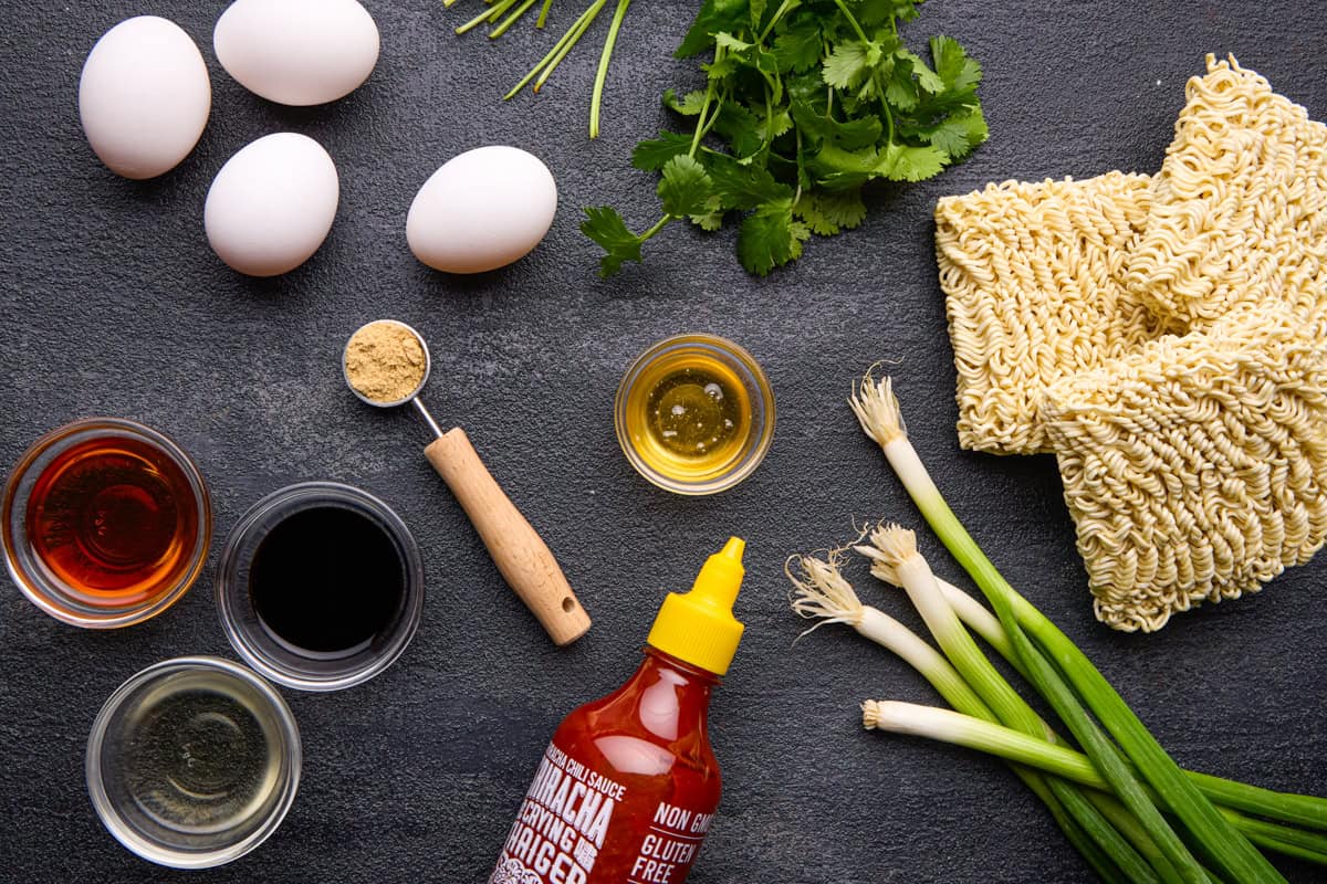 Ingredients for making 15 Minute Sriracha Ramen Noodles.