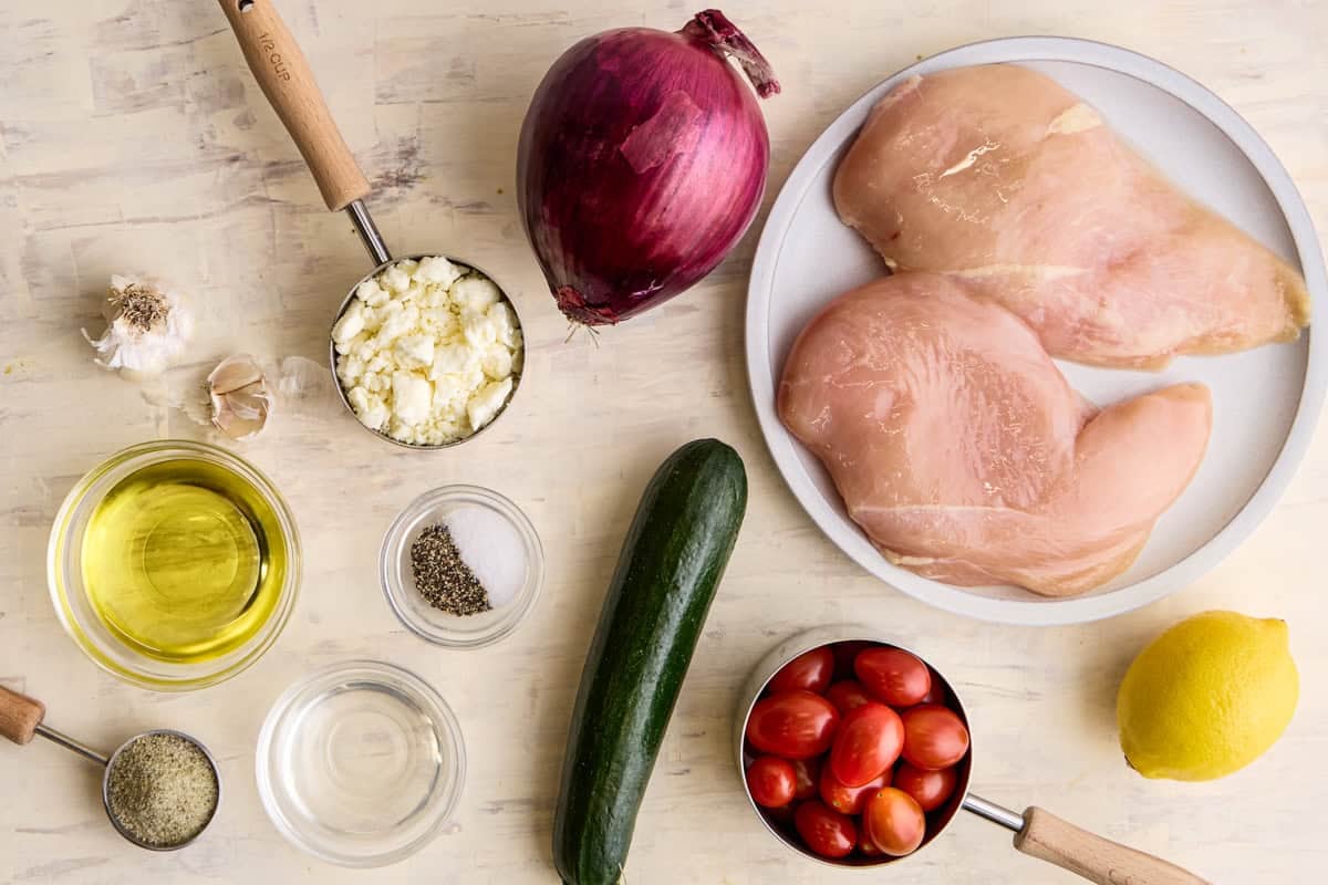 Ingredients for Air Fryer Greek Chicken & Veggies.