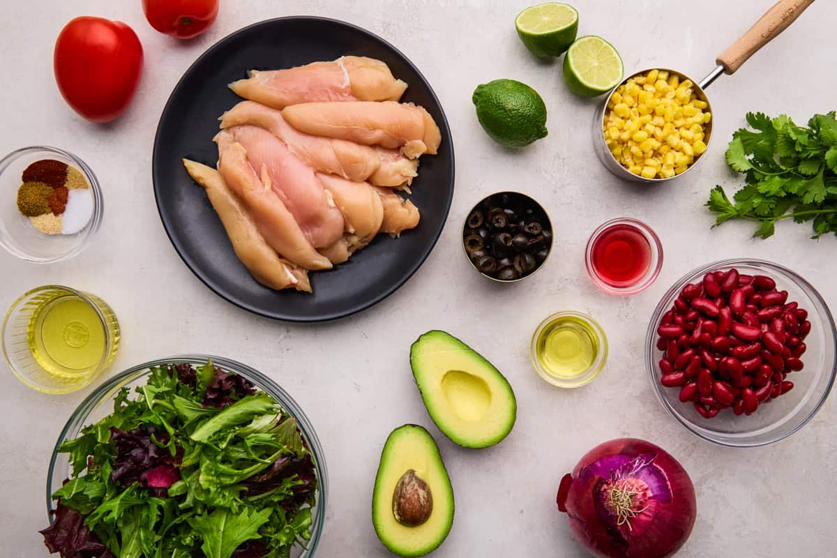 Ingredients for Chicken Taco Salad with Cilantro-Lime Vinaigrette.