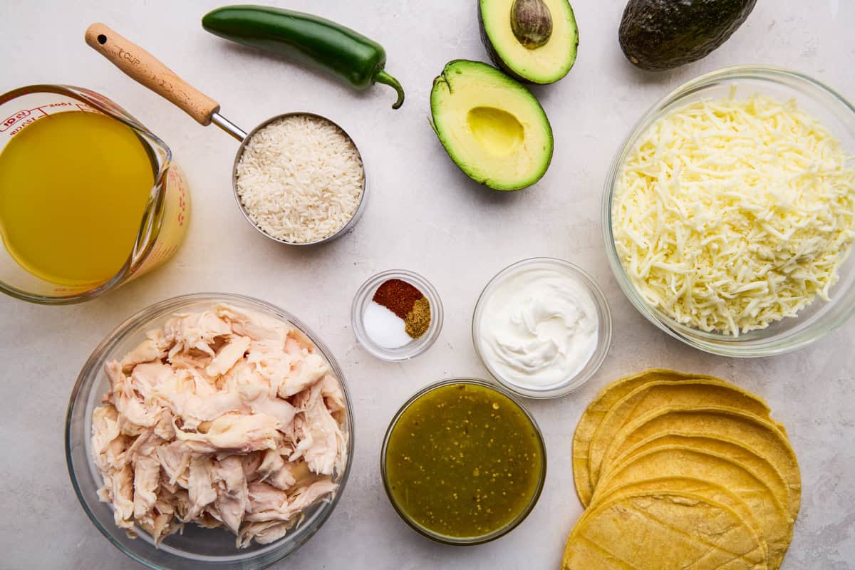 Ingredients for Creamy Chicken Enchilada Casserole.