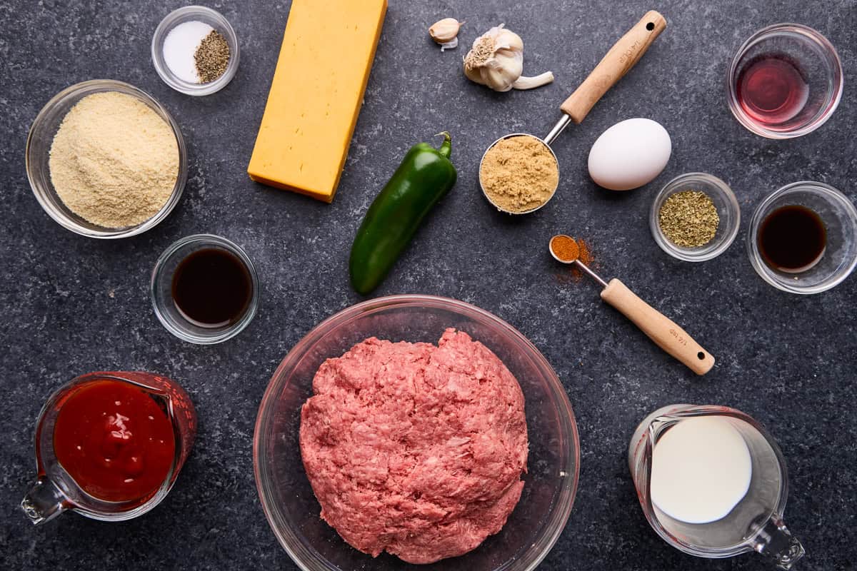 Ingredients for Jalapeno Cheddar Stuffed Meatloaf.