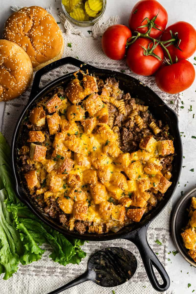 Overhead of cheeseburger casserole in cast iron.