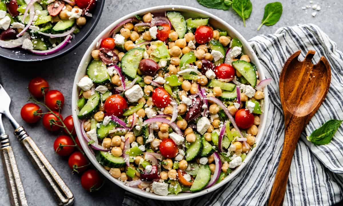 Overhead shot of Chickpea salad in a bowl.