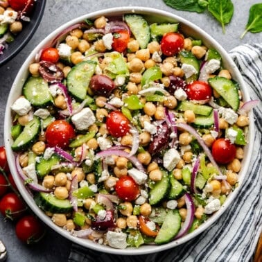 Overhead shot of Chickpea salad in a bowl.