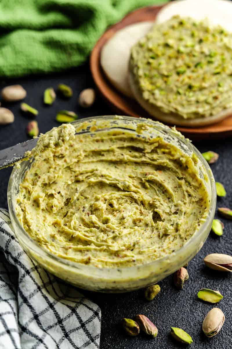 Closeup of a bowl of Pistachio Buttercream Frosting.