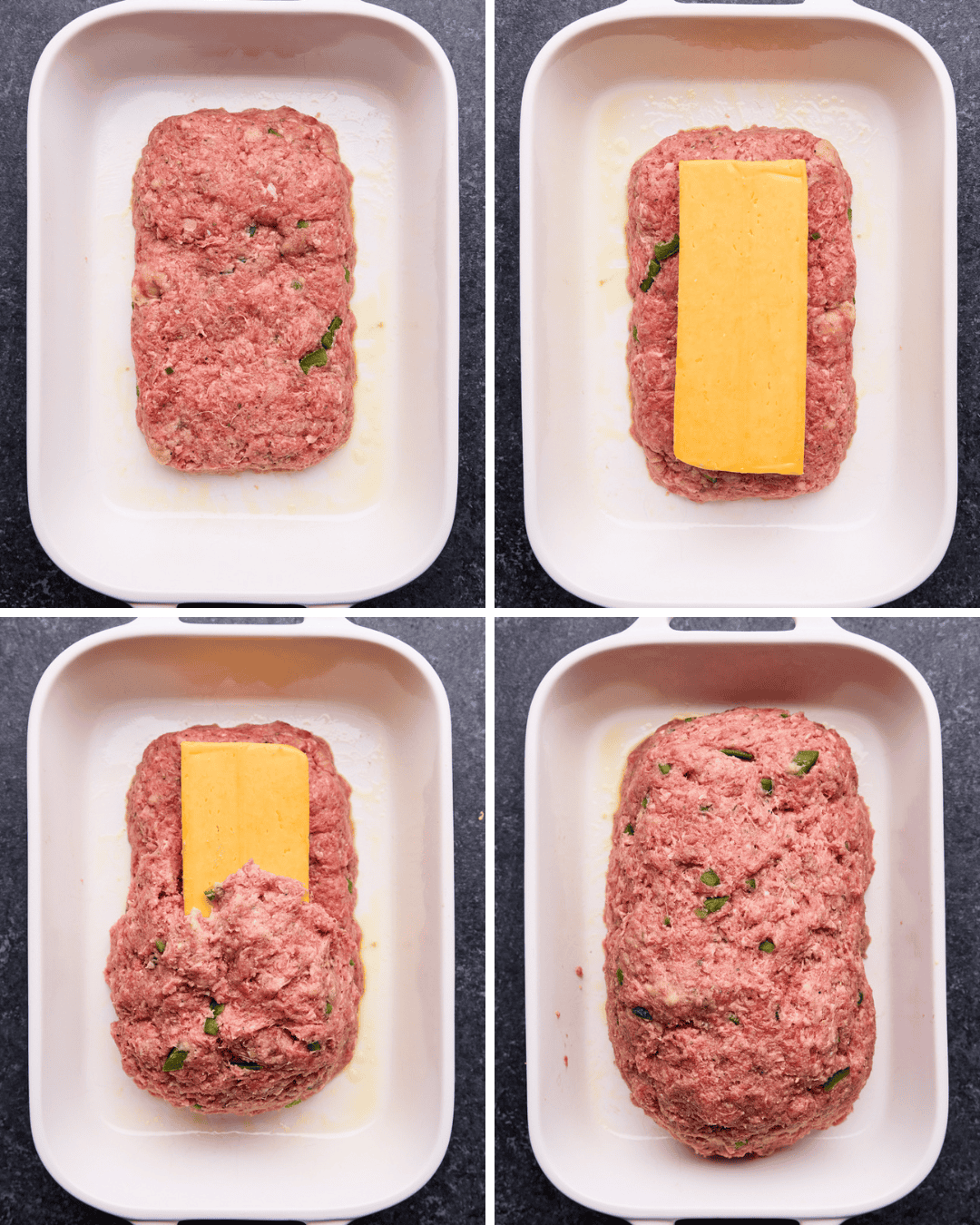 Process shot of cheese being stuffed into Jalapeno Cheddar Stuffed Meatloaf.