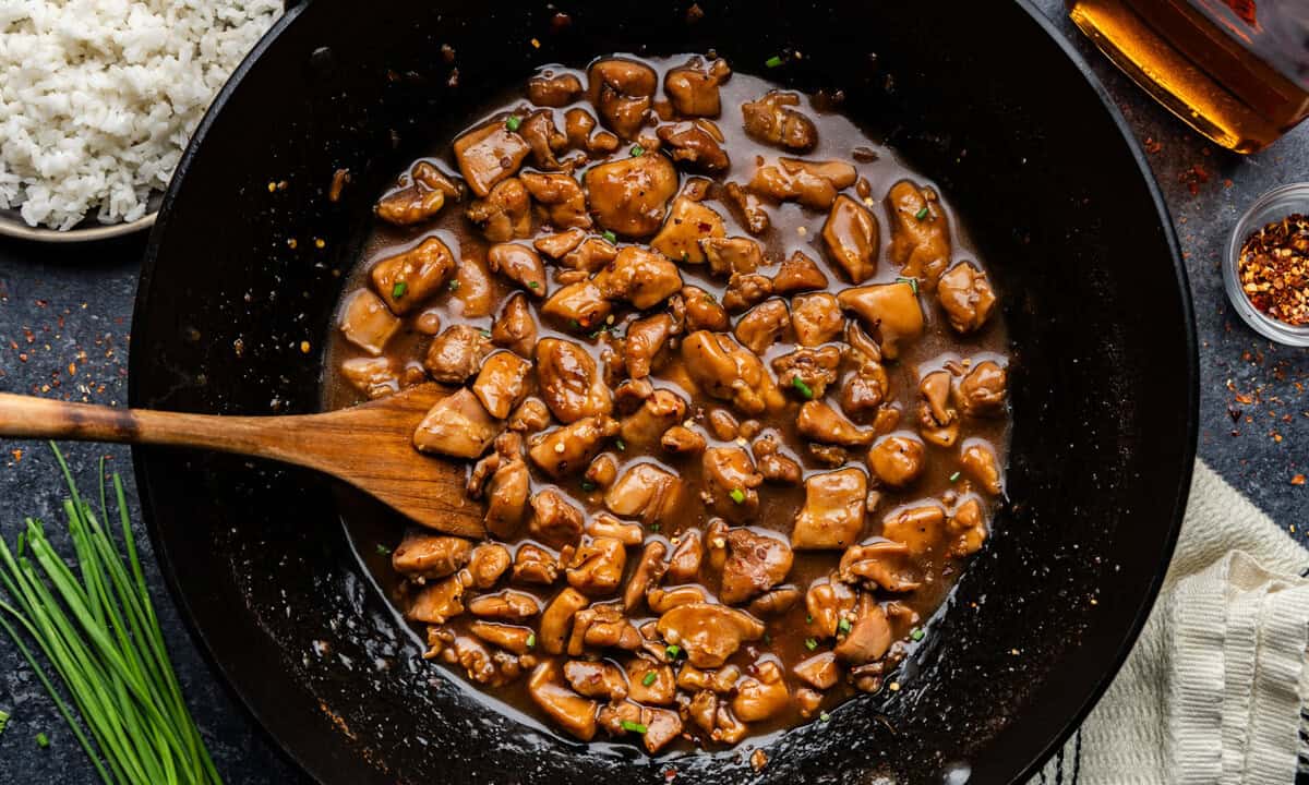 Overhead shot of Bourbon chicken in skillet.