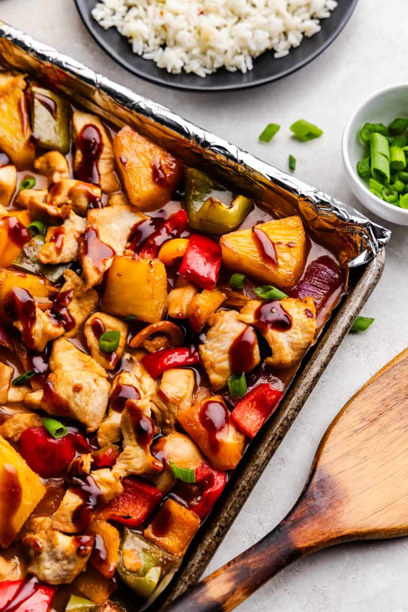 Closeup of Hawaiian Chicken & Veggies on a sheet pan.