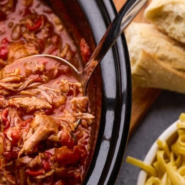 Ladle full of Slow Cooker Pork Ragu.