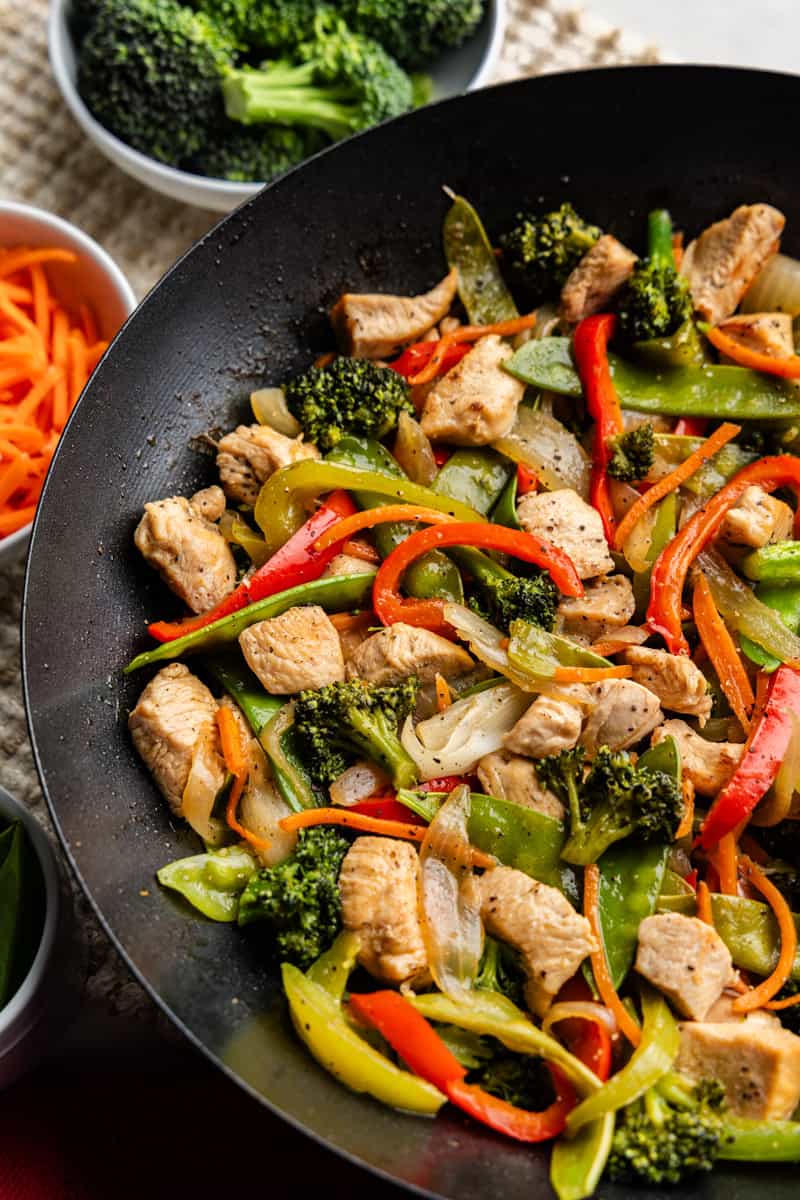 Overhead of Take-Out Chicken Stir Fry in wok.