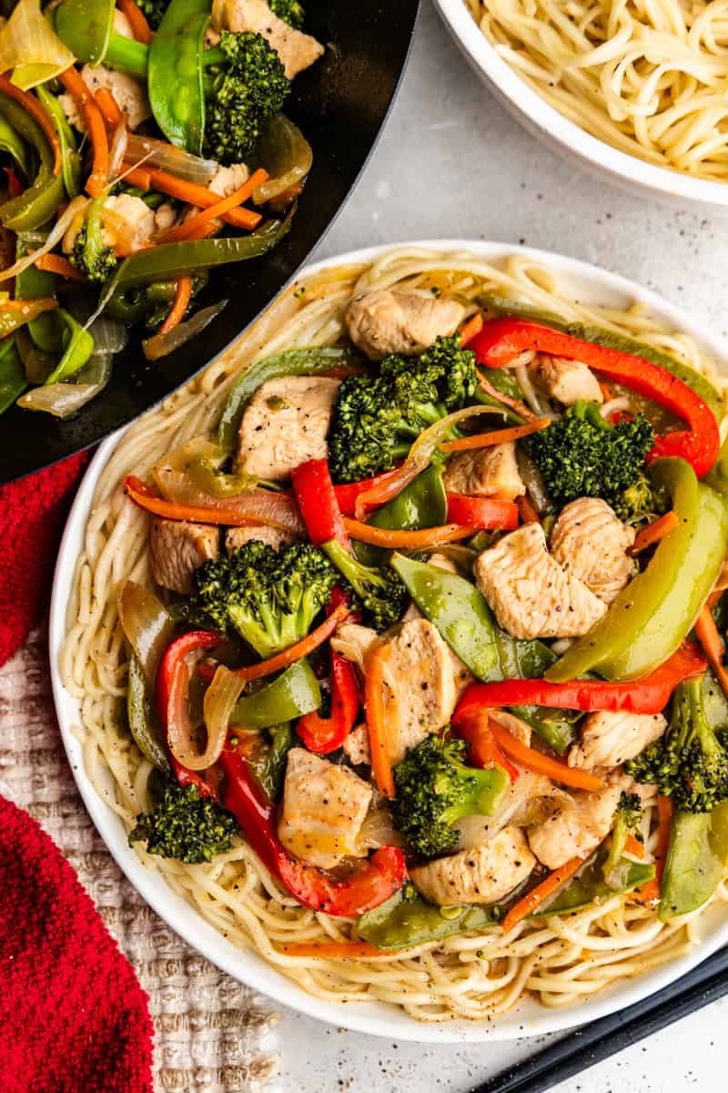 Overhead of Take-Out Chicken Stir Fry on a plate.