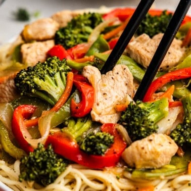 Closeup of Take-Out Chicken Stir Fry on a plate.