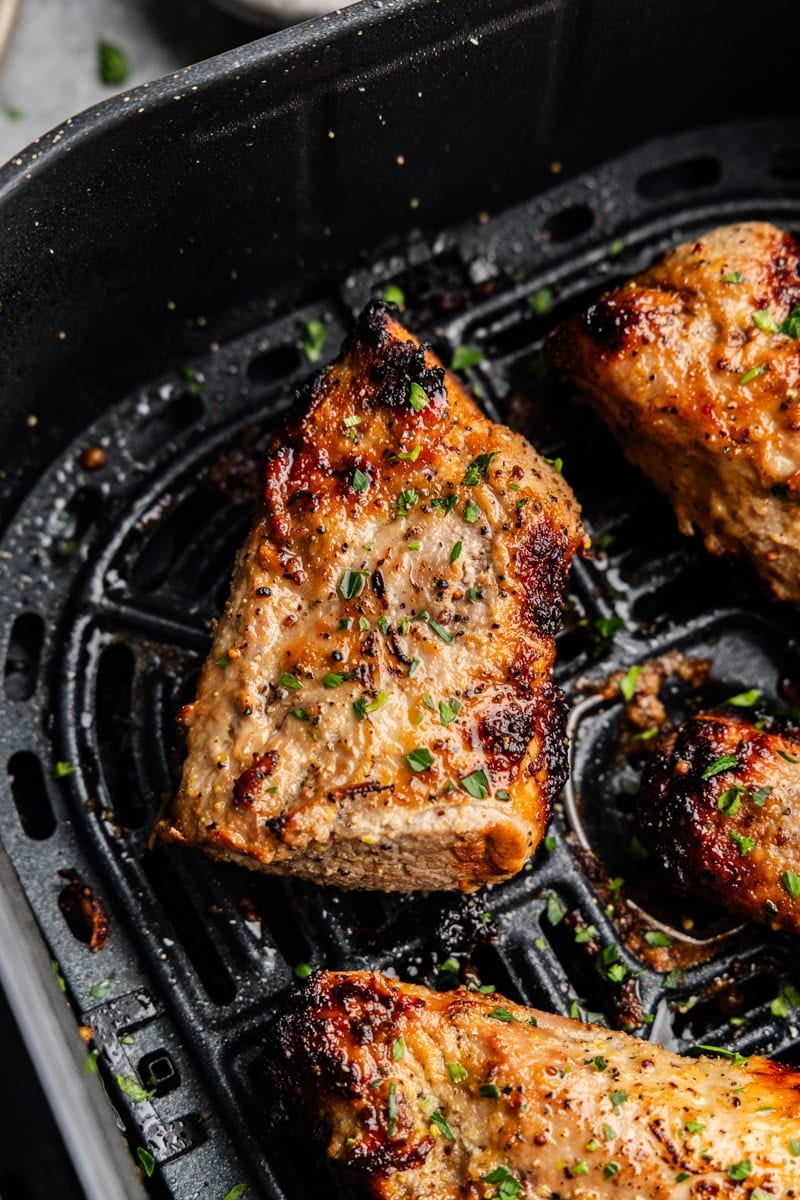 Closeup of Pork tenderloin in the air fryer.