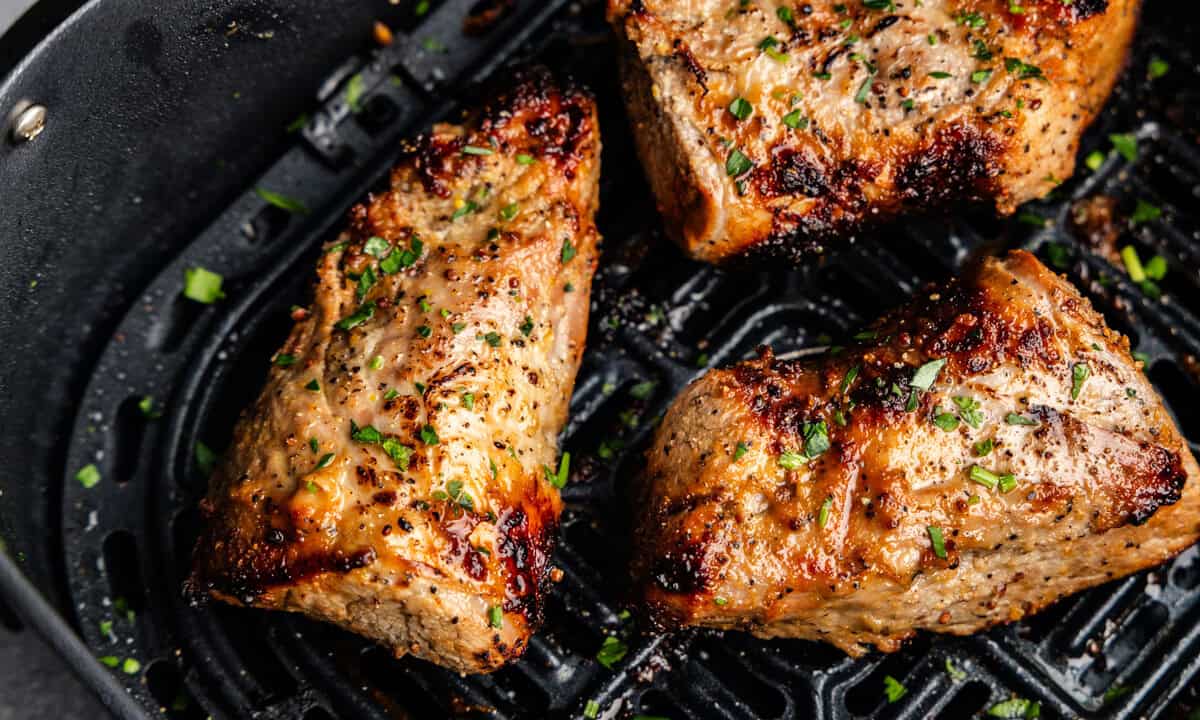 Closeup of Pork tenderloin in the air fryer.