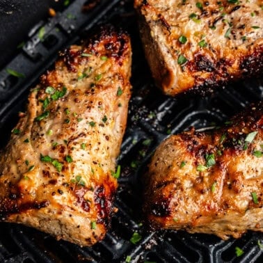 Closeup of Pork tenderloin in the air fryer.
