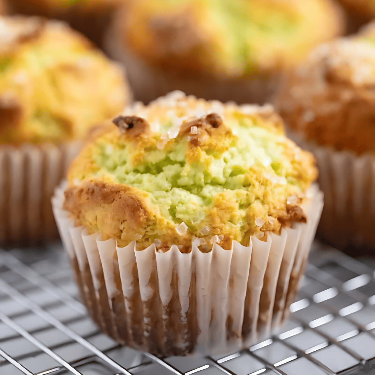 A close up view of a pistachio muffin on a wire cooling rack.