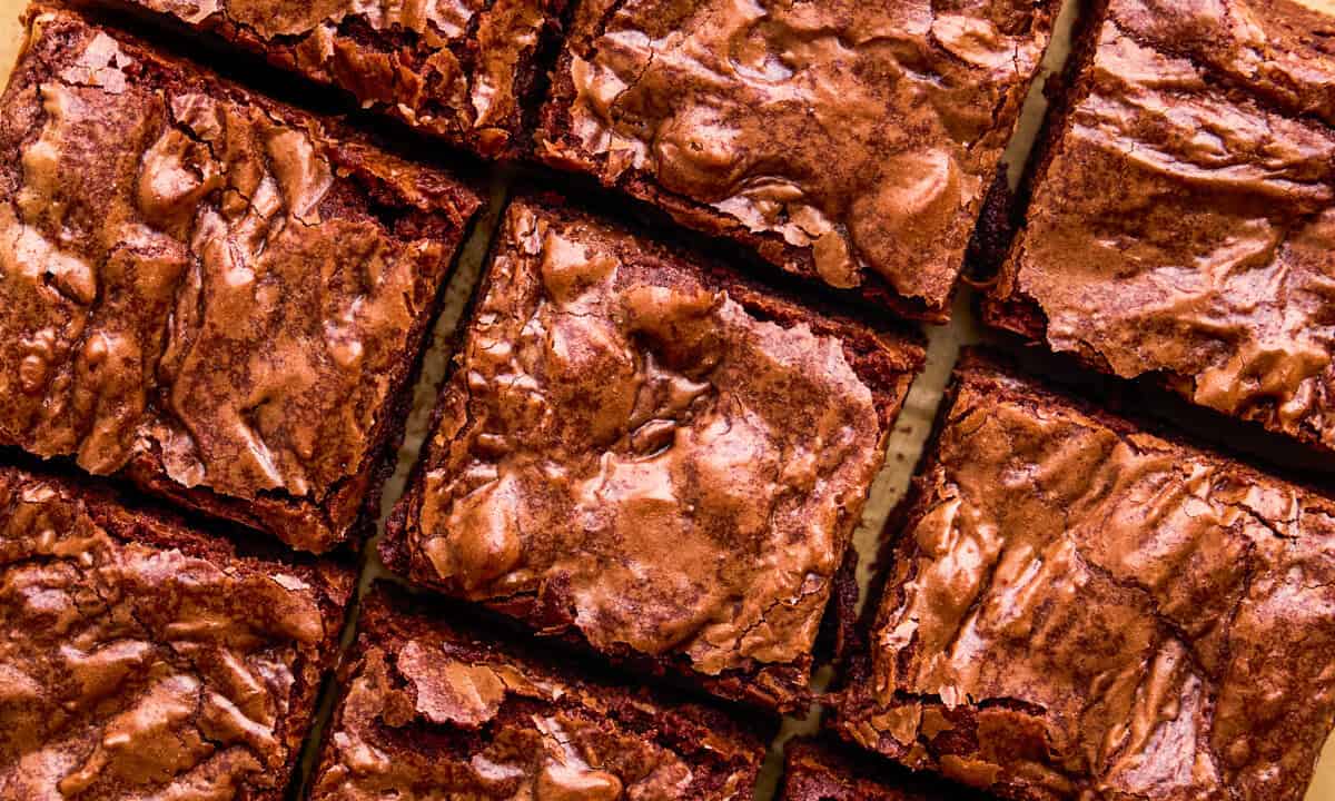 Overhead image of The Best Brownie Recipe Ever cut into perfect square pieces.